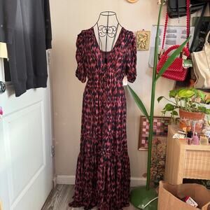 Anthropologie Printed Ruched Sleeve Maxi Dress S